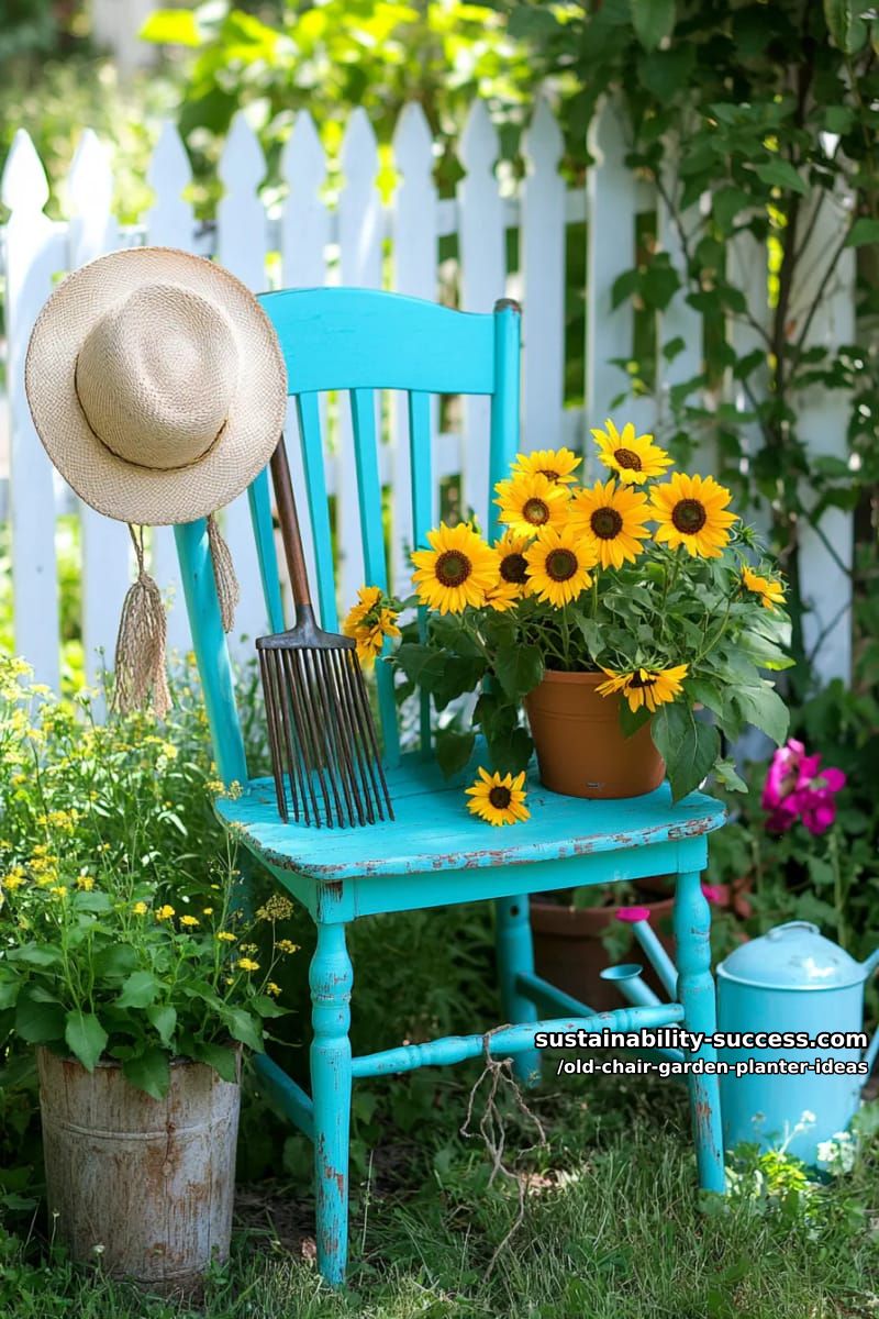 adorn the backrest with garden tools, hat, and a sunflower-filled seat 1
