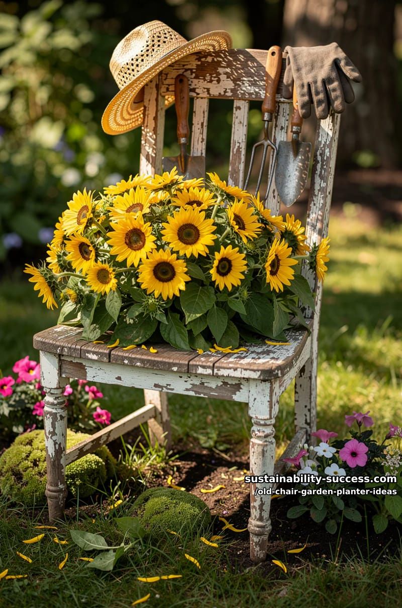 adorn the backrest with garden tools, hat, and a sunflower-filled seat 1