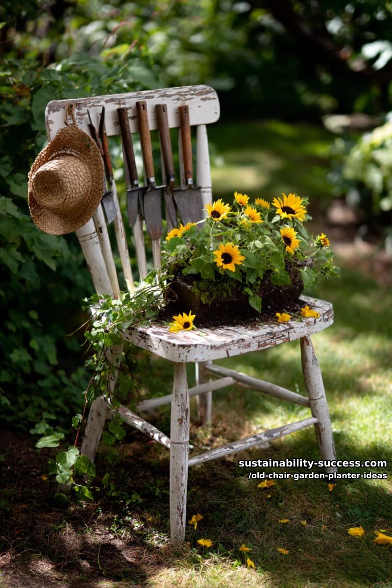 adorn the backrest with garden tools, hat, and a sunflower-filled seat 1
