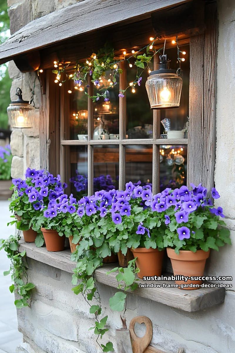 antique window frame with a mix of lanterns, fairy lights, and potted violets 1