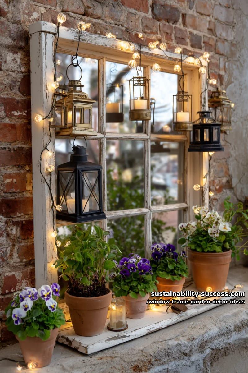 antique window frame with a mix of lanterns, fairy lights, and potted violets 1