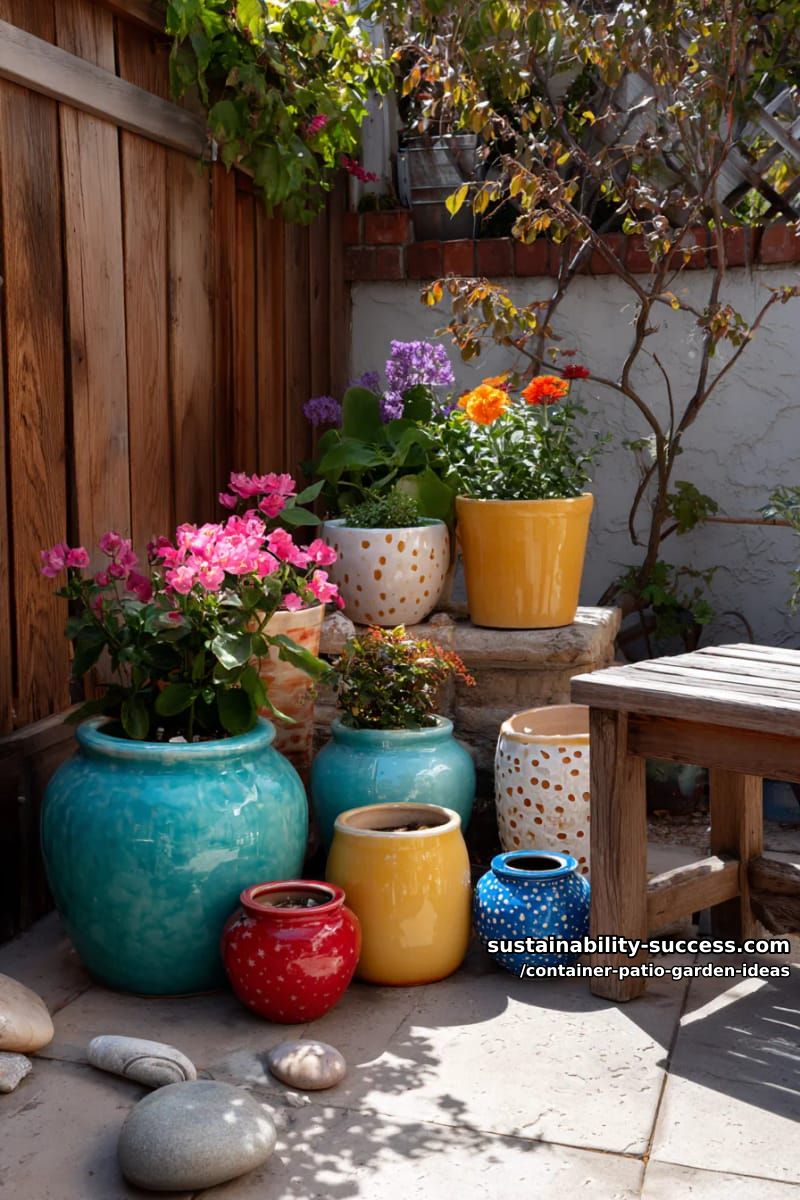 arrange colorful ceramic containers in quirky shapes for a playful garden nook. 1