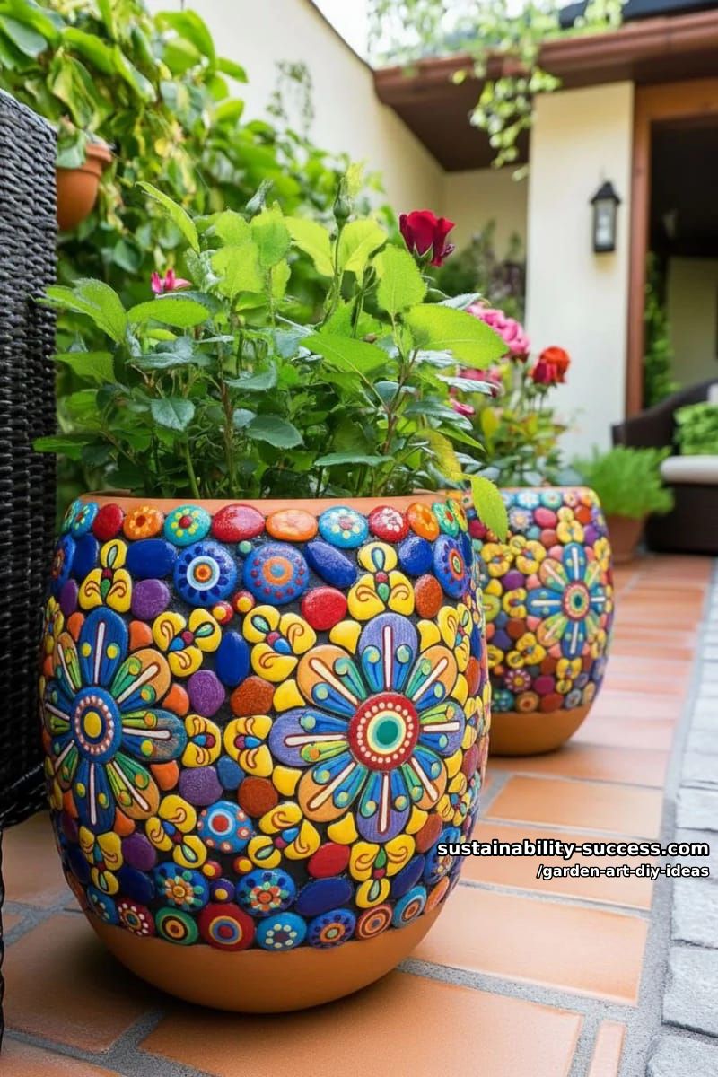 23 Creative Garden Art DIY Ideas for a Unique Outdoor Decor 11 arrange painted pebbles in flower pot mosaics for unique planter decor. 1