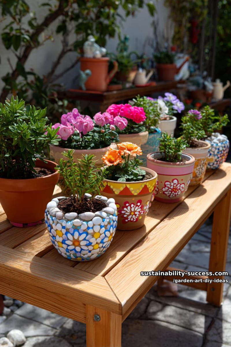 23 Creative Garden Art DIY Ideas for a Unique Outdoor Decor 12 arrange painted pebbles in flower pot mosaics for unique planter decor. 1