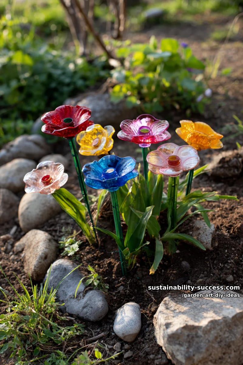 23 Creative Garden Art DIY Ideas for a Unique Outdoor Decor 29 assemble flower petals from repurposed plastic bottles and plant in clusters. 1