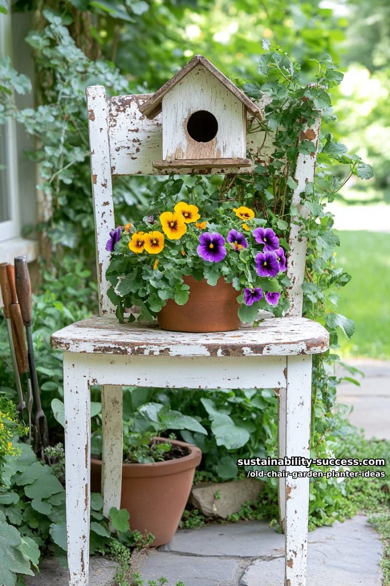attach a birdhouse on the chair backrest and plant colorful pansies below 1