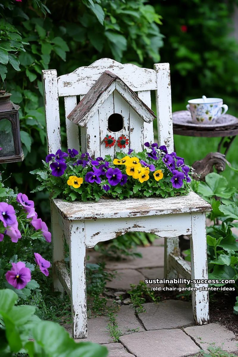 attach a birdhouse on the chair backrest and plant colorful pansies below 1