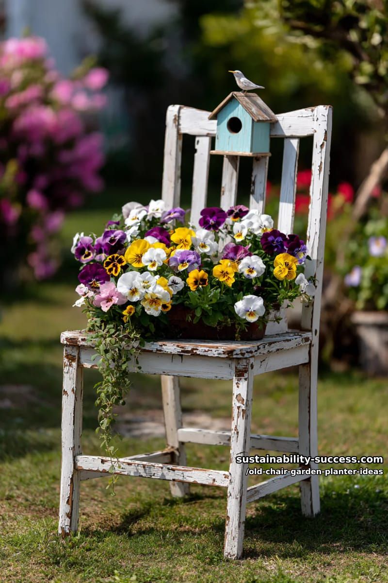 attach a birdhouse on the chair backrest and plant colorful pansies below 1