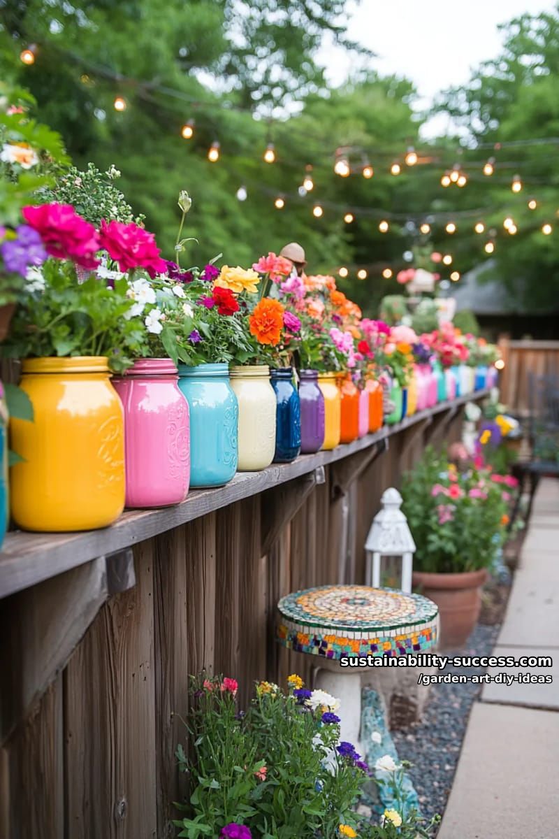 23 Creative Garden Art DIY Ideas for a Unique Outdoor Decor 43 attach colorful mason jars to fences for flower vases and lanterns. 1
