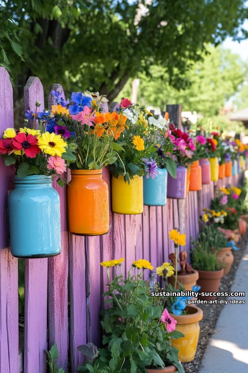23 Creative Garden Art DIY Ideas for a Unique Outdoor Decor 44 attach colorful mason jars to fences for flower vases and lanterns. 1