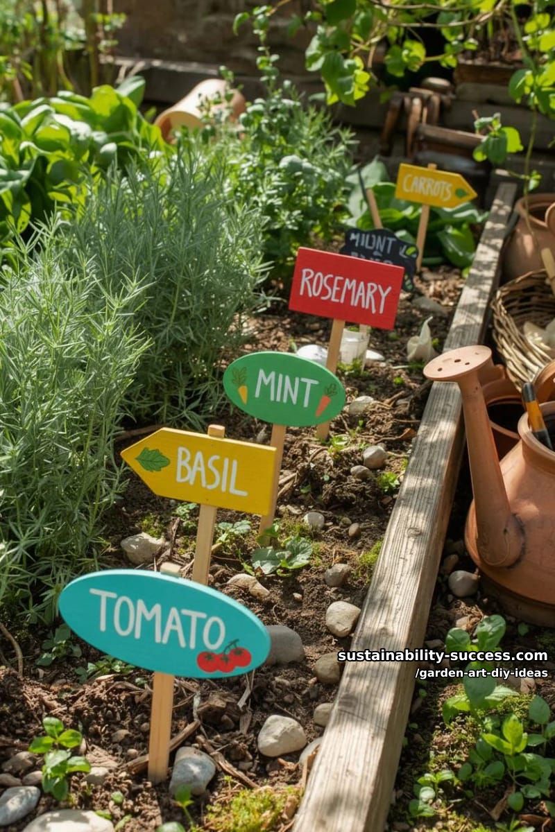 23 Creative Garden Art DIY Ideas for a Unique Outdoor Decor 20 attach painted wooden signs for playful herb and veggie garden markers. 1