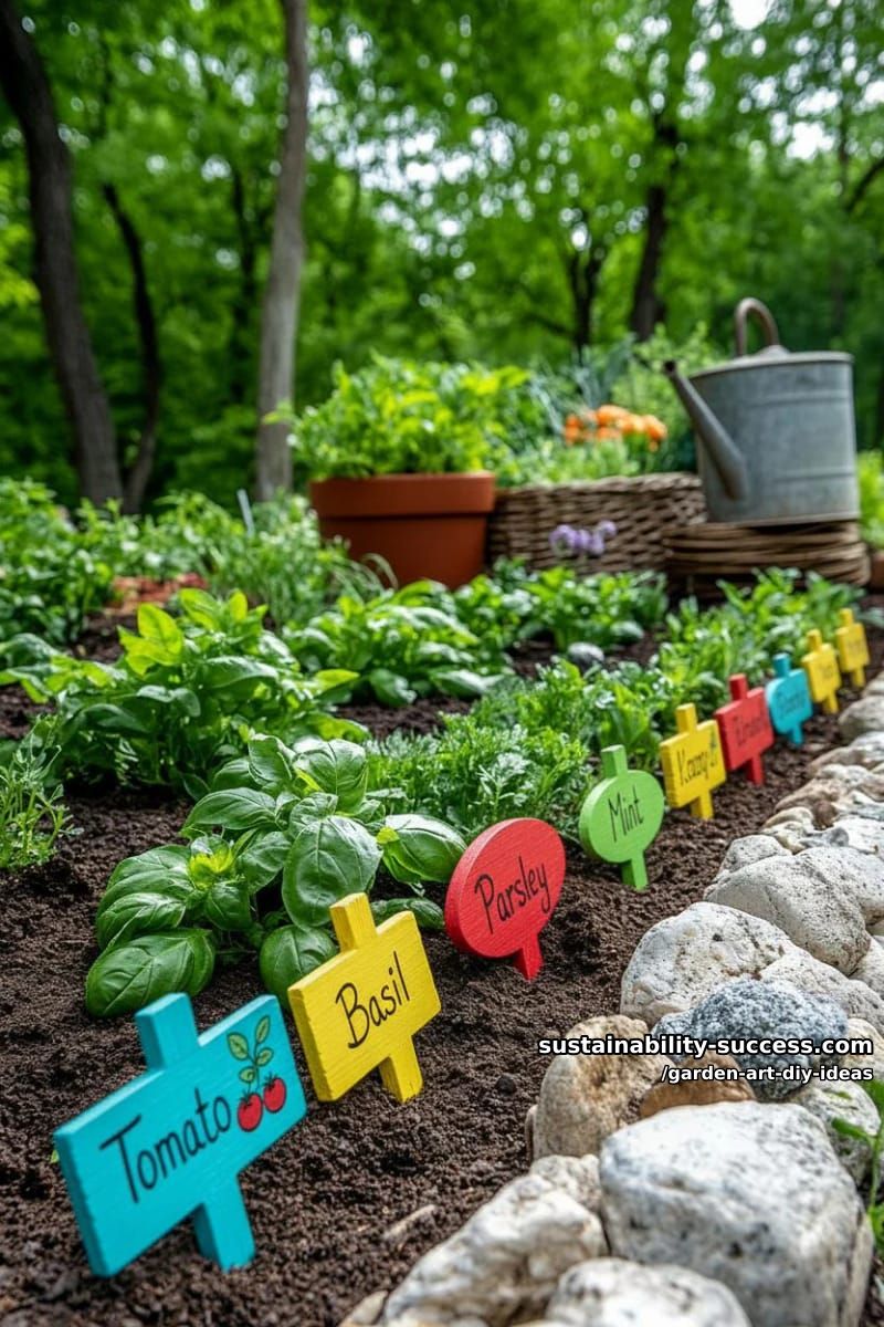 23 Creative Garden Art DIY Ideas for a Unique Outdoor Decor 21 attach painted wooden signs for playful herb and veggie garden markers. 1