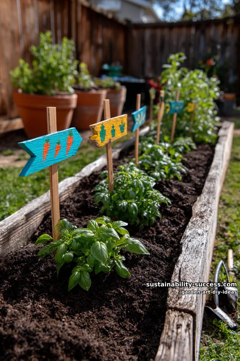 23 Creative Garden Art DIY Ideas for a Unique Outdoor Decor 22 attach painted wooden signs for playful herb and veggie garden markers. 1