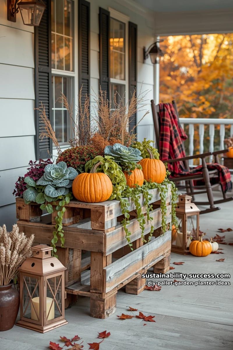 autumn-themed pallet planter overflowing with pumpkins and ornamental kale 1