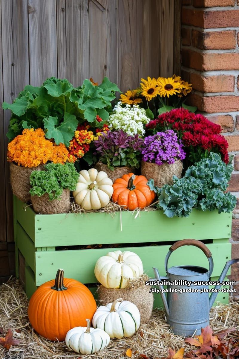 autumn-themed pallet planter overflowing with pumpkins and ornamental kale 1