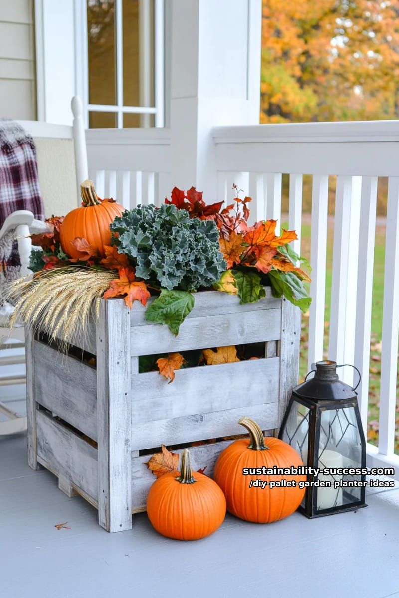 autumn-themed pallet planter overflowing with pumpkins and ornamental kale 1