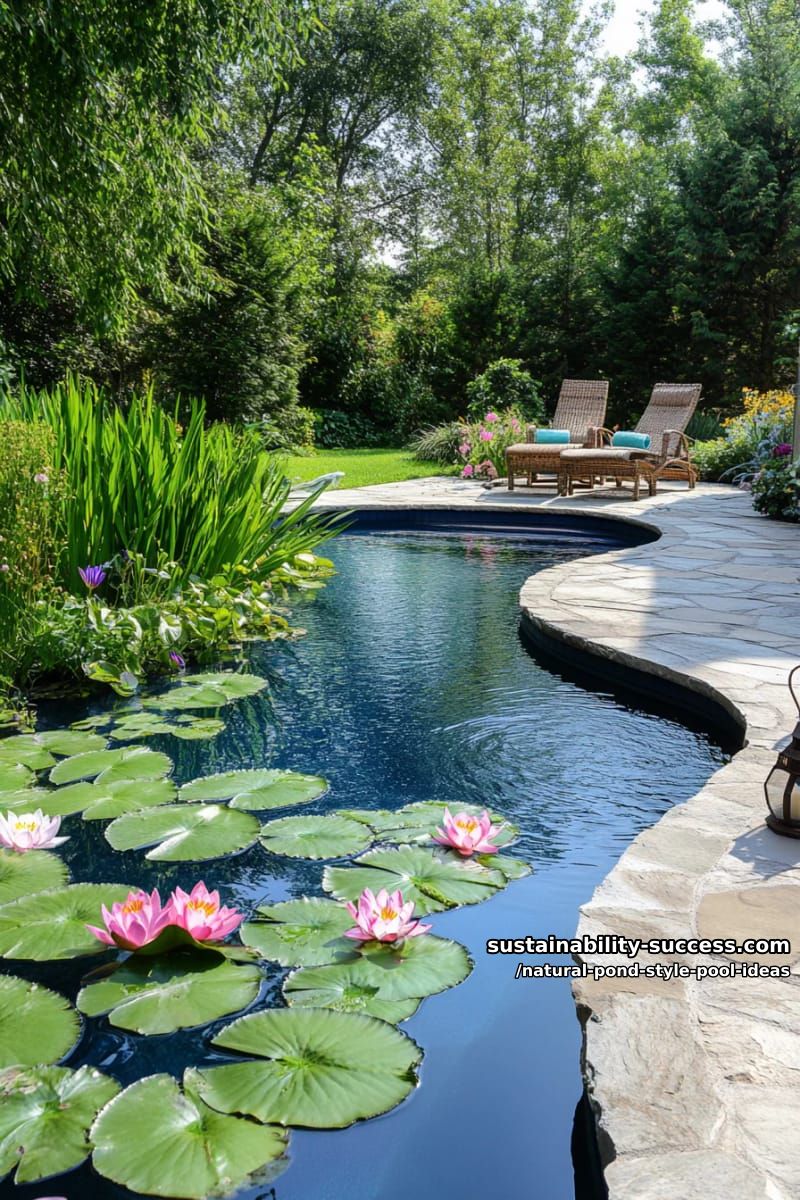 backyard pool with floating lily pads and aquatic flowering plants 1