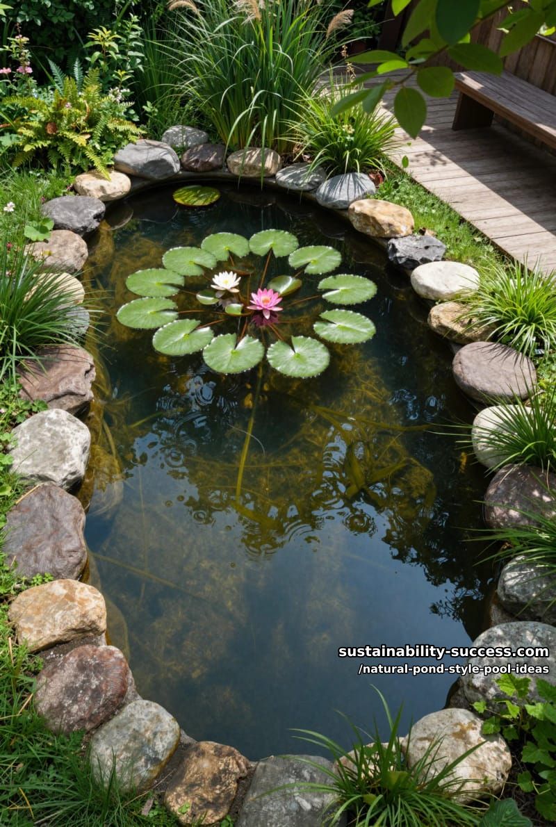 backyard pool with floating lily pads and aquatic flowering plants 1