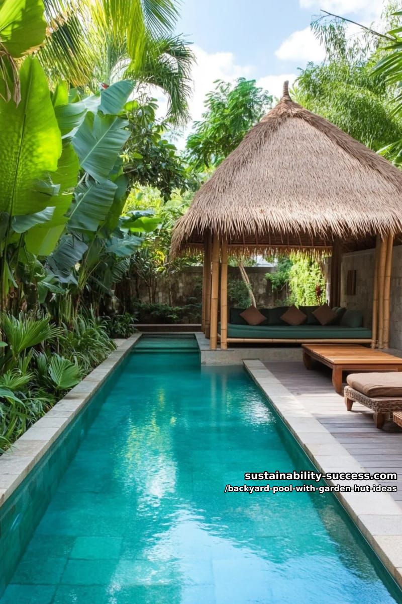 15 Dreamy Backyard Pool with Garden Hut Ideas to Inspire 5 bali-inspired bamboo hut beside turquoise pool with lush tropical greenery. 1