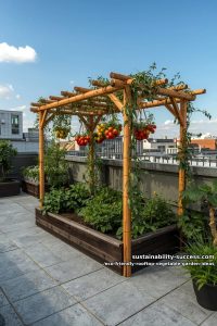bamboo pergola with hanging tomato baskets and solar-powered fairy lights 11