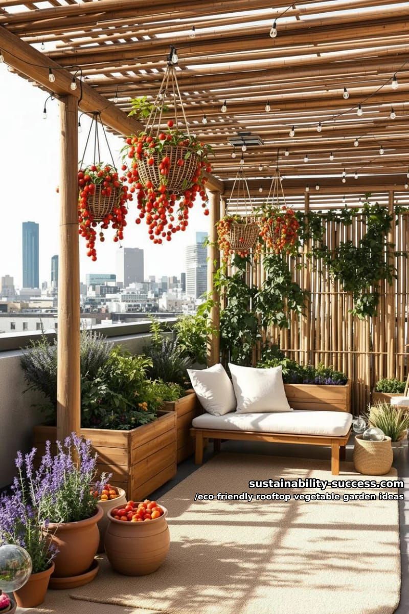 bamboo pergola with hanging tomato baskets and solar-powered fairy lights 1