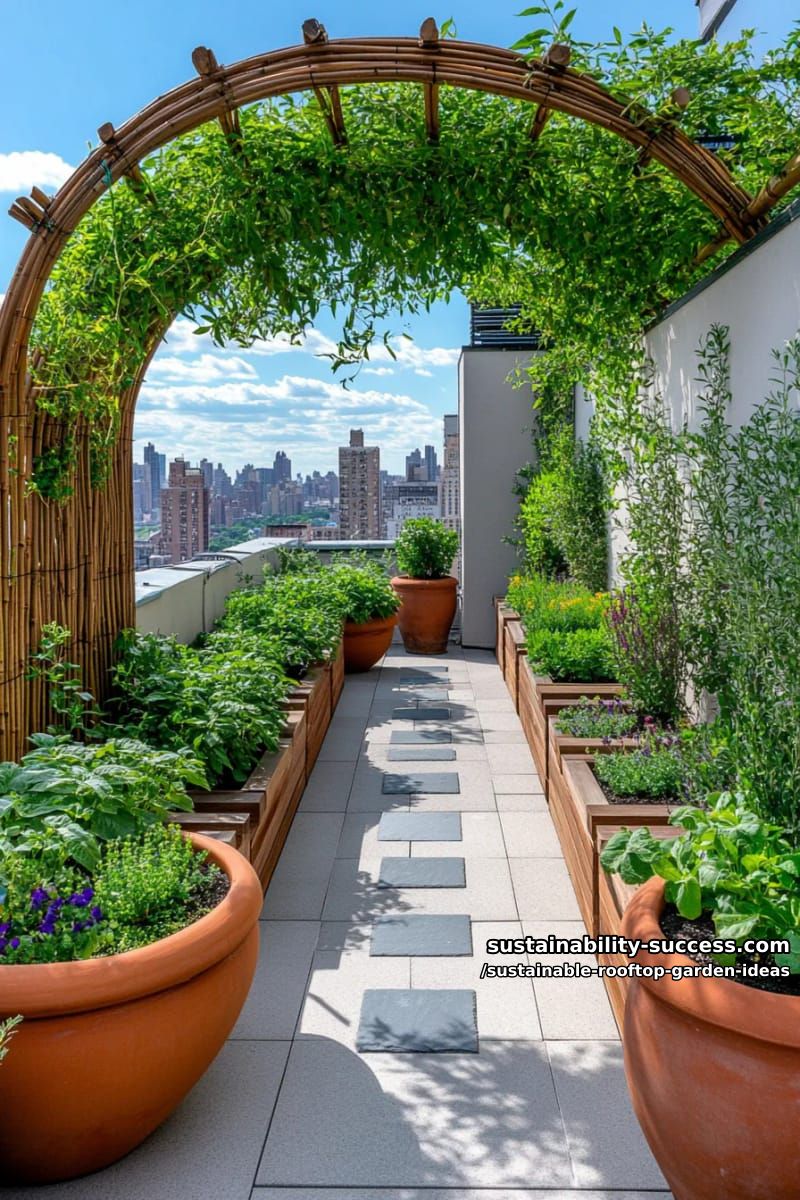 bamboo trellis arches supporting climbing beans above herb patches 1