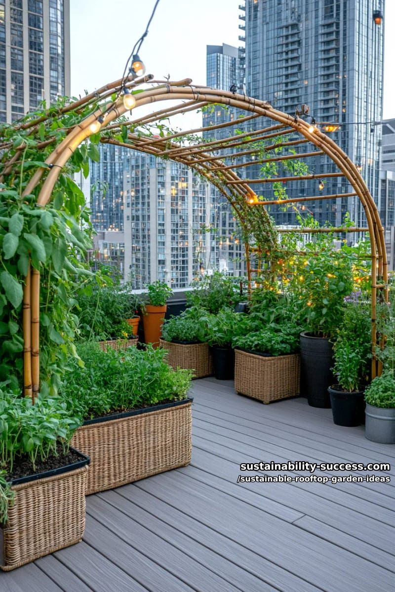 bamboo trellis arches supporting climbing beans above herb patches 1