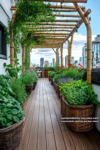 bamboo trellis arches supporting climbing beans above herb patches 23