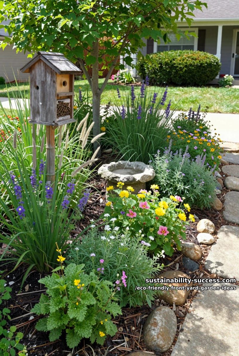 bee hotels and bird baths tucked among dense eco-friendly flower clusters 1