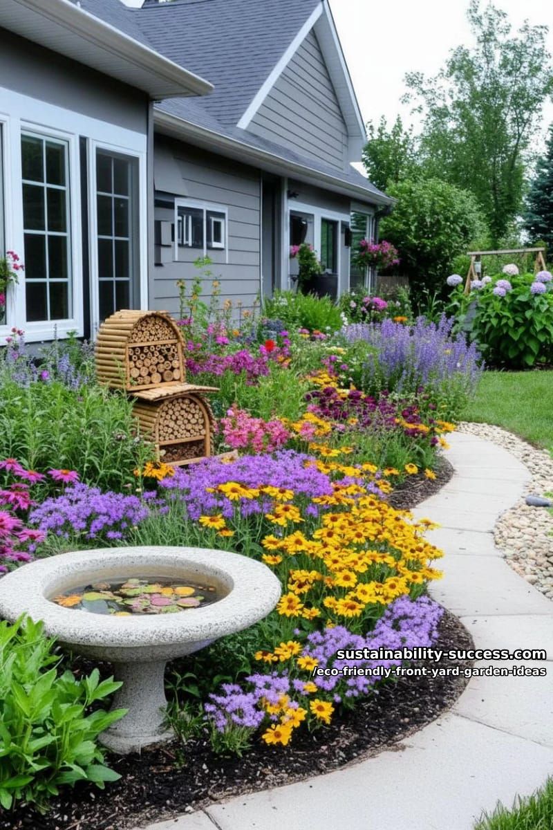 bee hotels and bird baths tucked among dense eco-friendly flower clusters 1