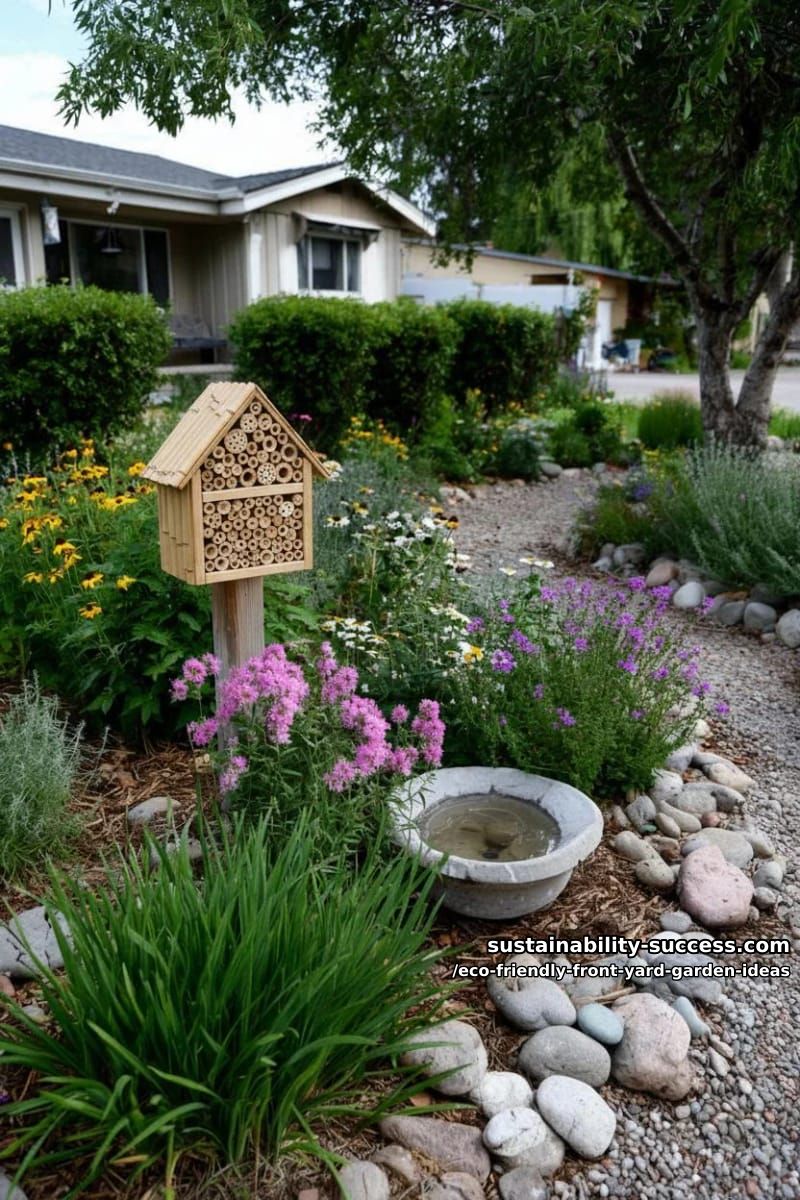 bee hotels and bird baths tucked among dense eco-friendly flower clusters 1