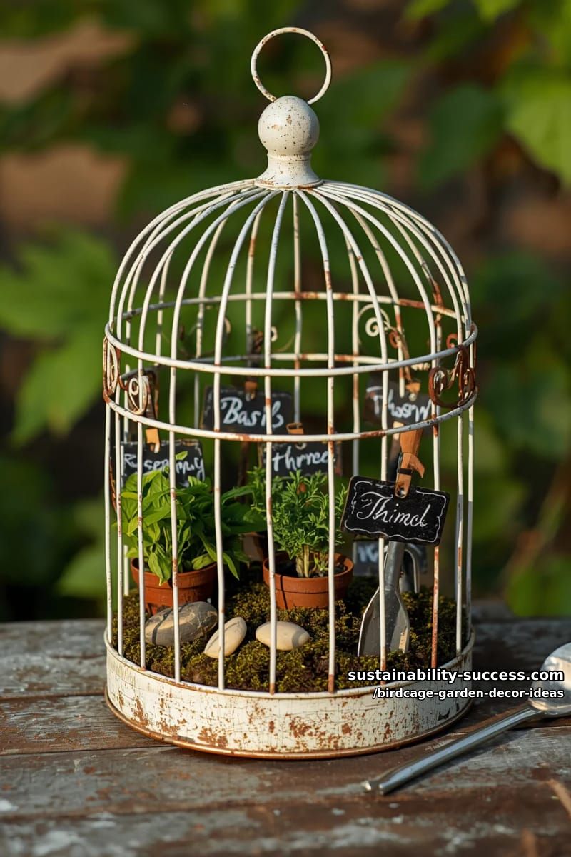 birdcage herb garden with labels and miniature garden tools 1