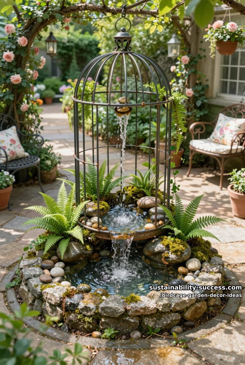 birdcage water feature with pebbles, tiny ferns, and trickling stream 1
