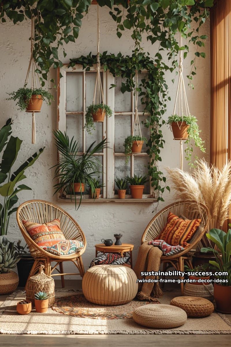 boho chic window frame with trailing ivy and macramé plant hangers 1