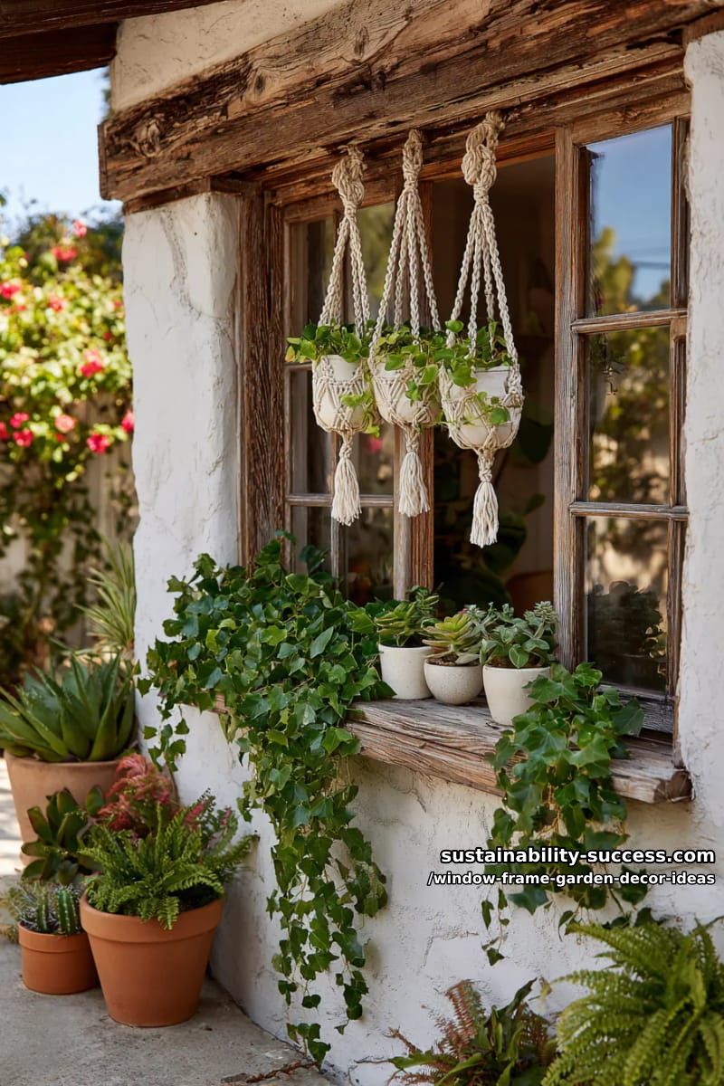 boho chic window frame with trailing ivy and macramé plant hangers 1