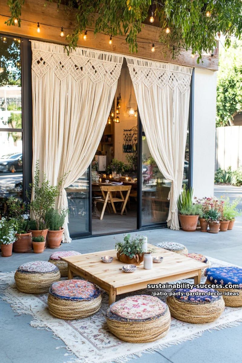 boho-inspired macrame curtains framing the patio entrance for an enchanting touch 1