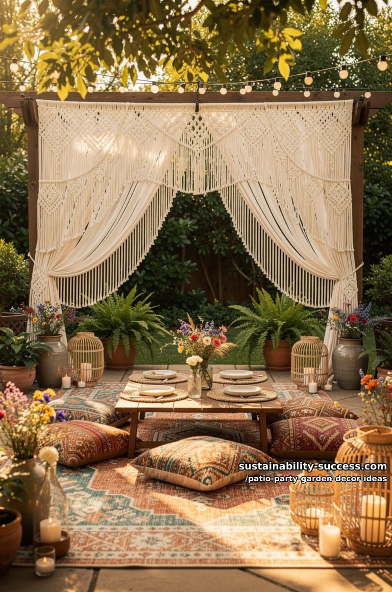 boho-inspired macrame curtains framing the patio entrance for an enchanting touch 1