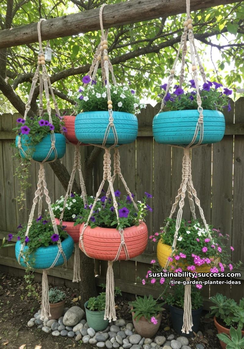 boho-inspired tire hanging planters with macramé accents and trailing blooms 1