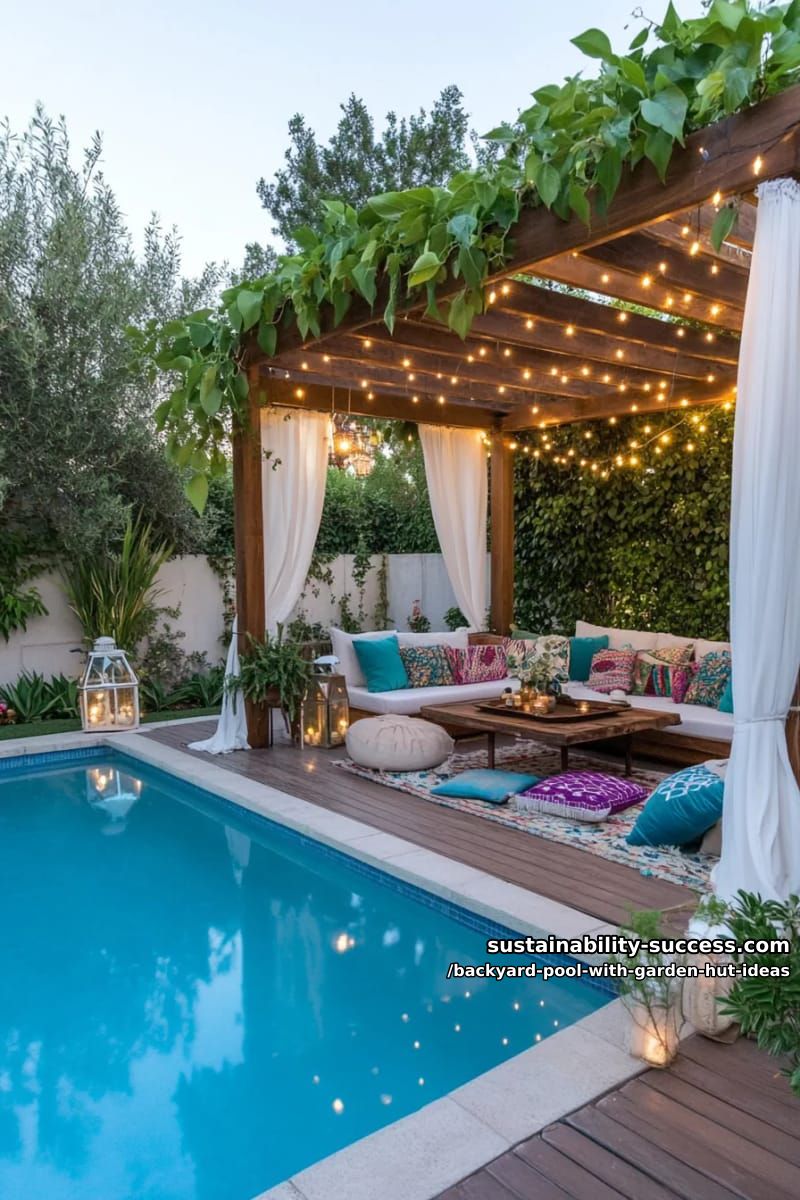 15 Dreamy Backyard Pool with Garden Hut Ideas to Inspire 26 boho pergola hut draped in fairy lights, moroccan pillows near infinity pool. 1