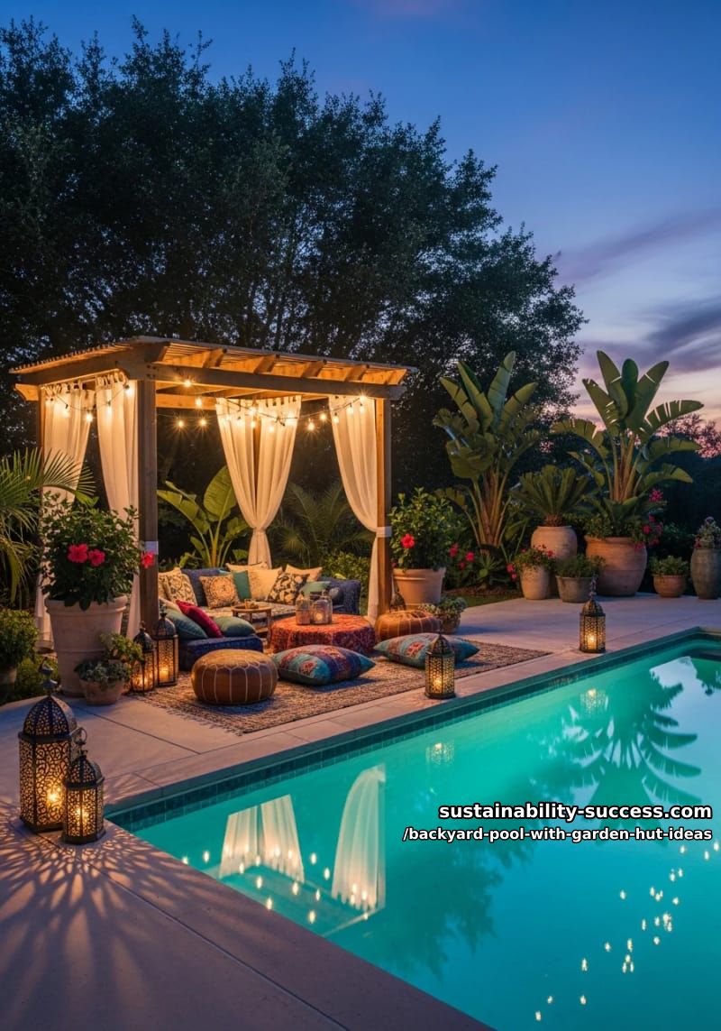 boho pergola hut draped in fairy lights, moroccan pillows near infinity pool. 26