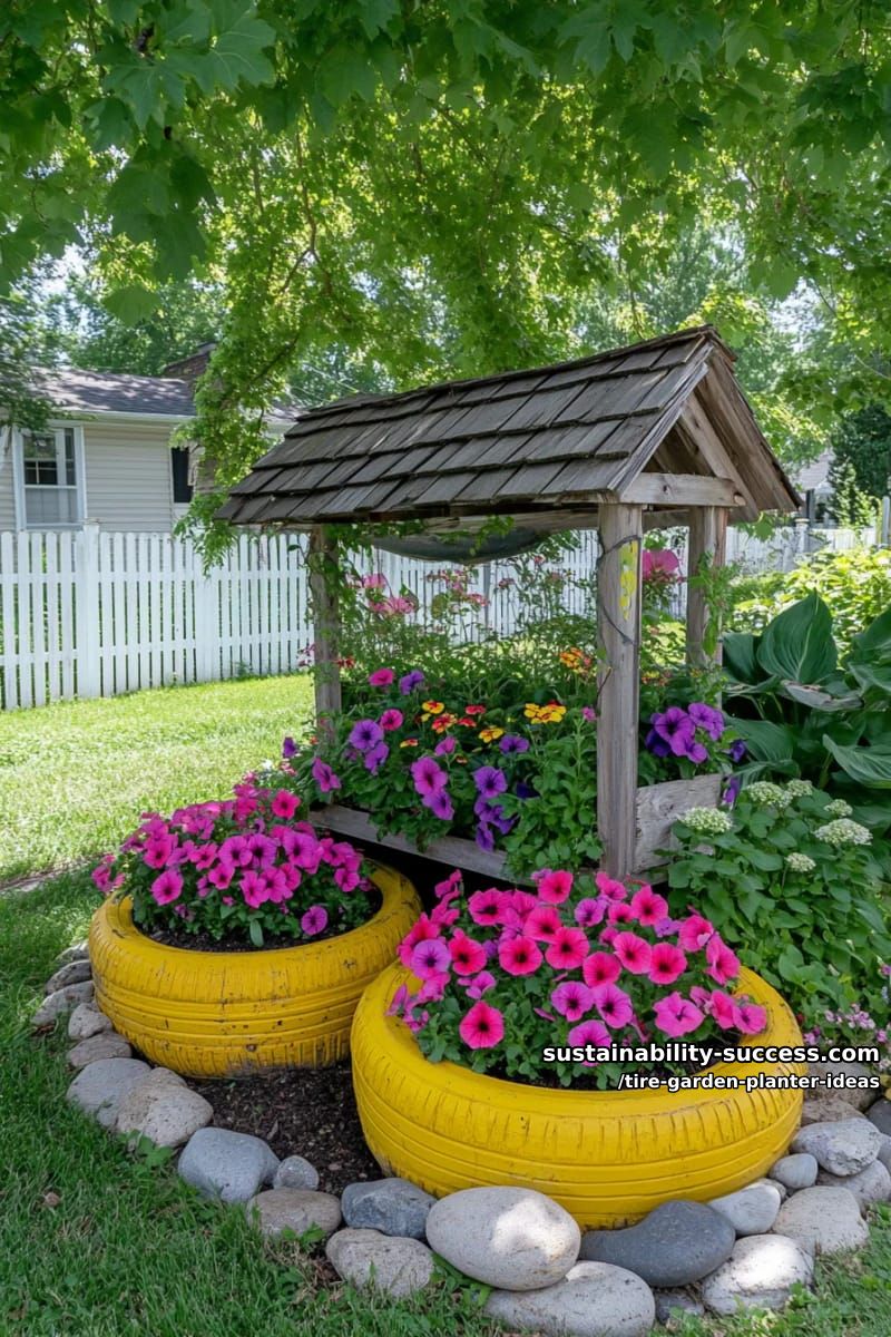 bright yellow tire planters grouped under a miniature garden well 1