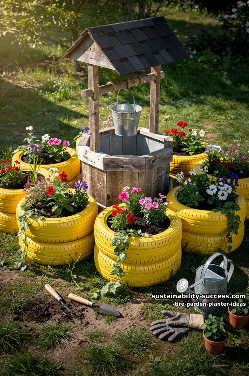 bright yellow tire planters grouped under a miniature garden well 1