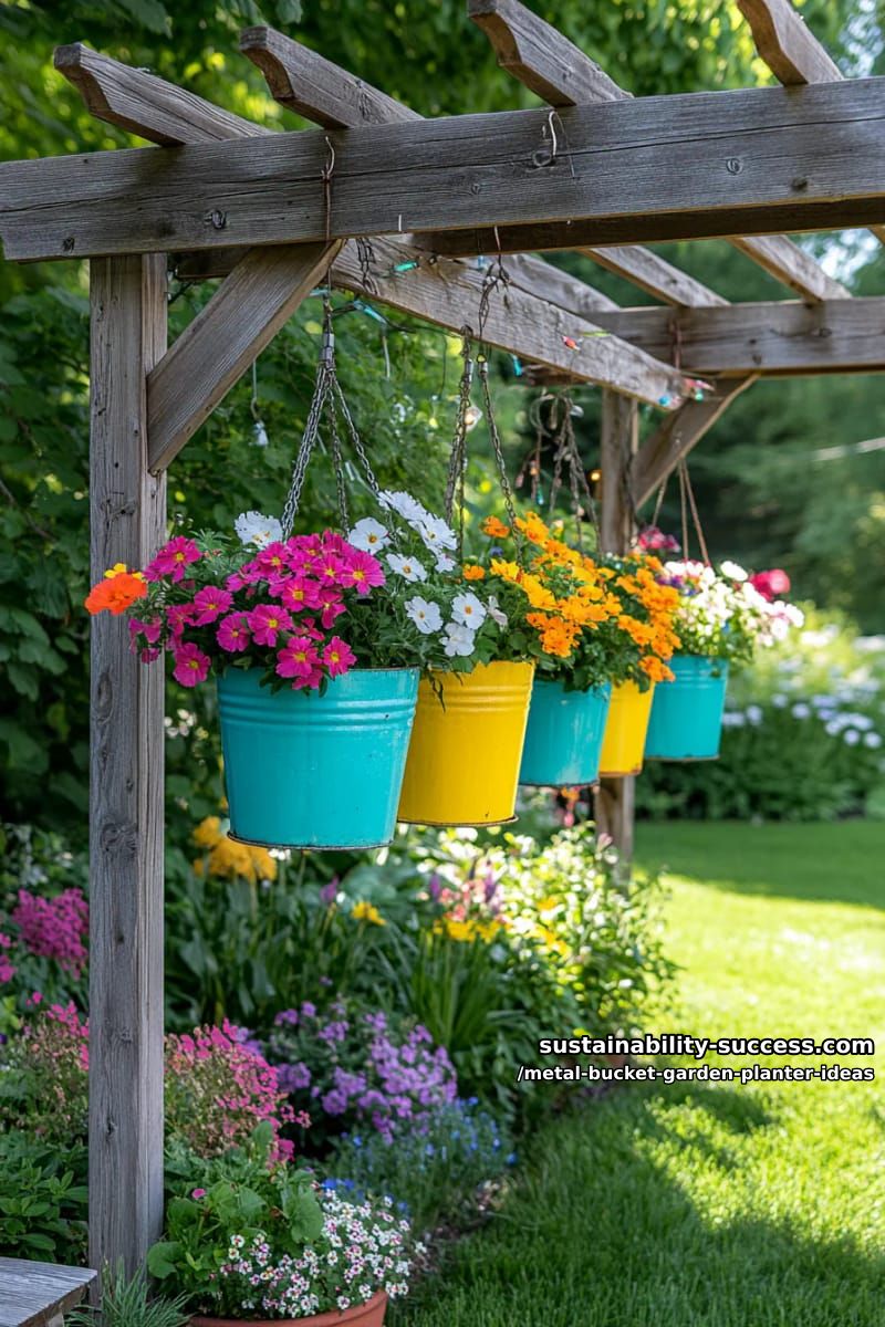 brightly painted buckets suspended by chains from a garden pergola 1
