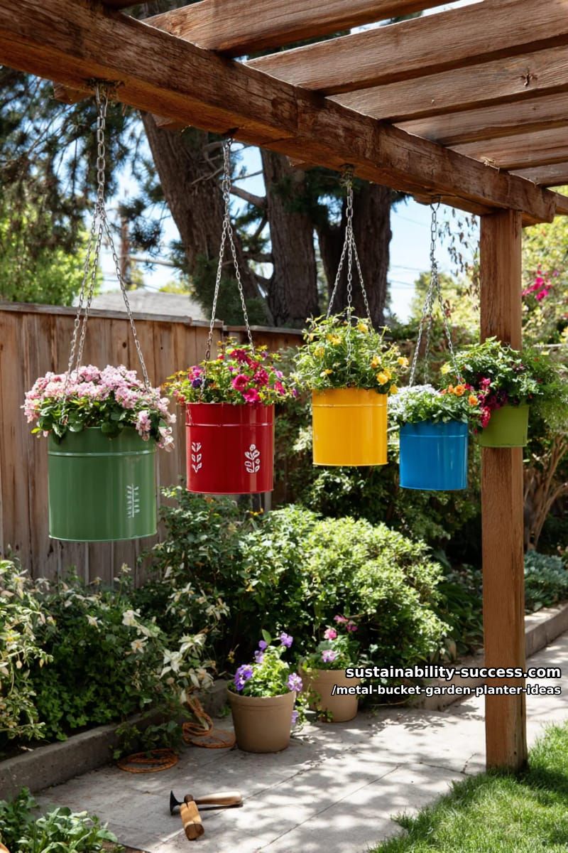 brightly painted buckets suspended by chains from a garden pergola 1