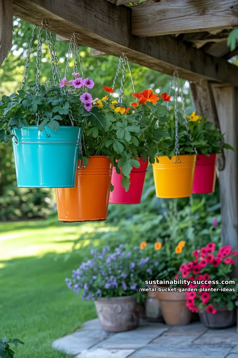 brightly painted buckets suspended by chains from a garden pergola 1