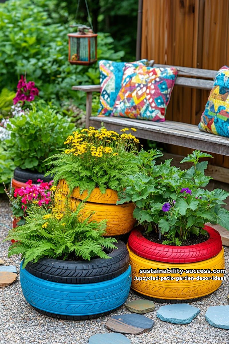brightly painted tires stacked as playful patio flower beds 1