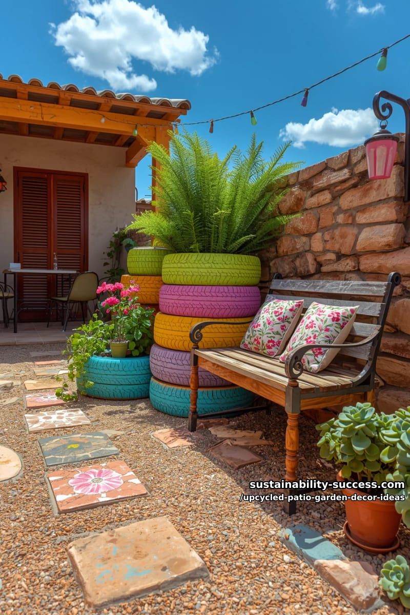 brightly painted tires stacked as playful patio flower beds 1