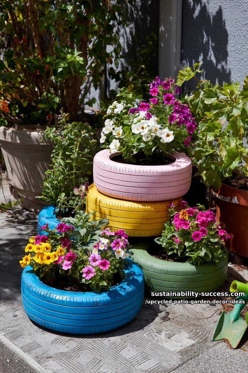 brightly painted tires stacked as playful patio flower beds 1