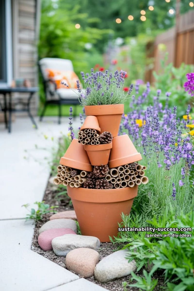 23 Creative Garden Art DIY Ideas for a Unique Outdoor Decor 42 build a bee hotel from terracotta pots, bamboo, and pinecones. 1