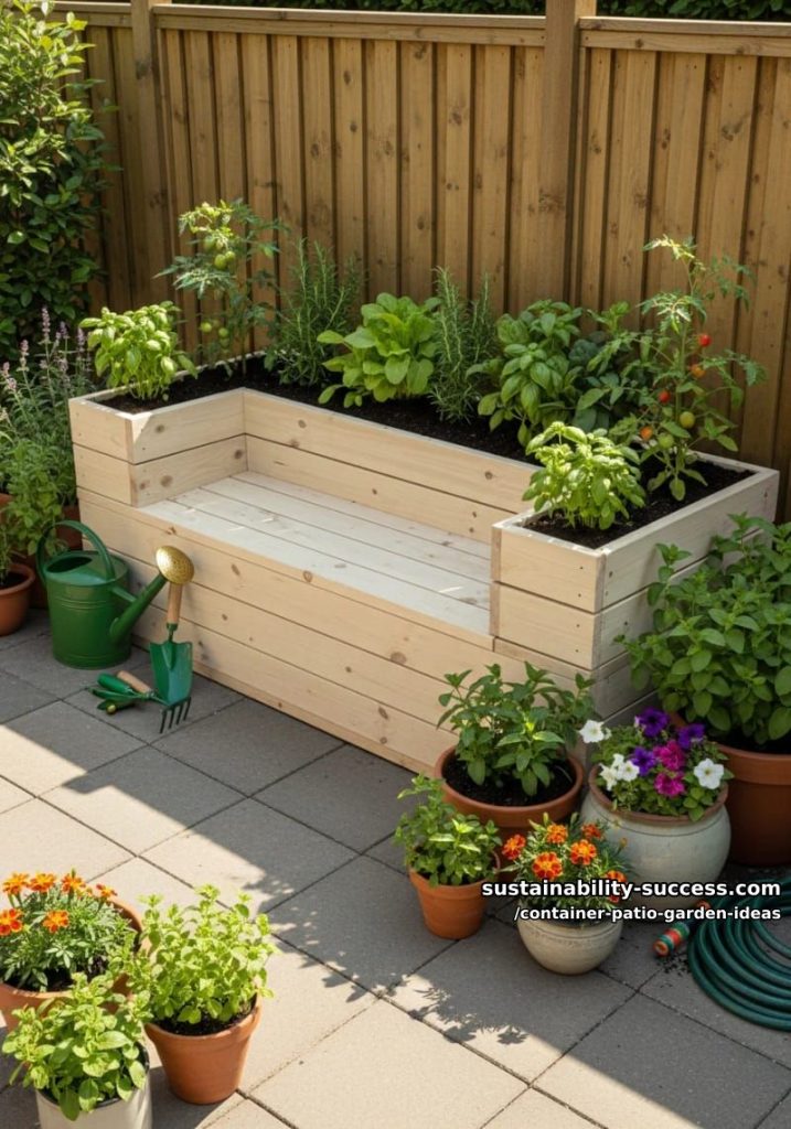 build a mini raised bed with built-in seating for edible patio gardening. 12